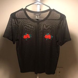 Mesh floral embroidered see through tee shirt